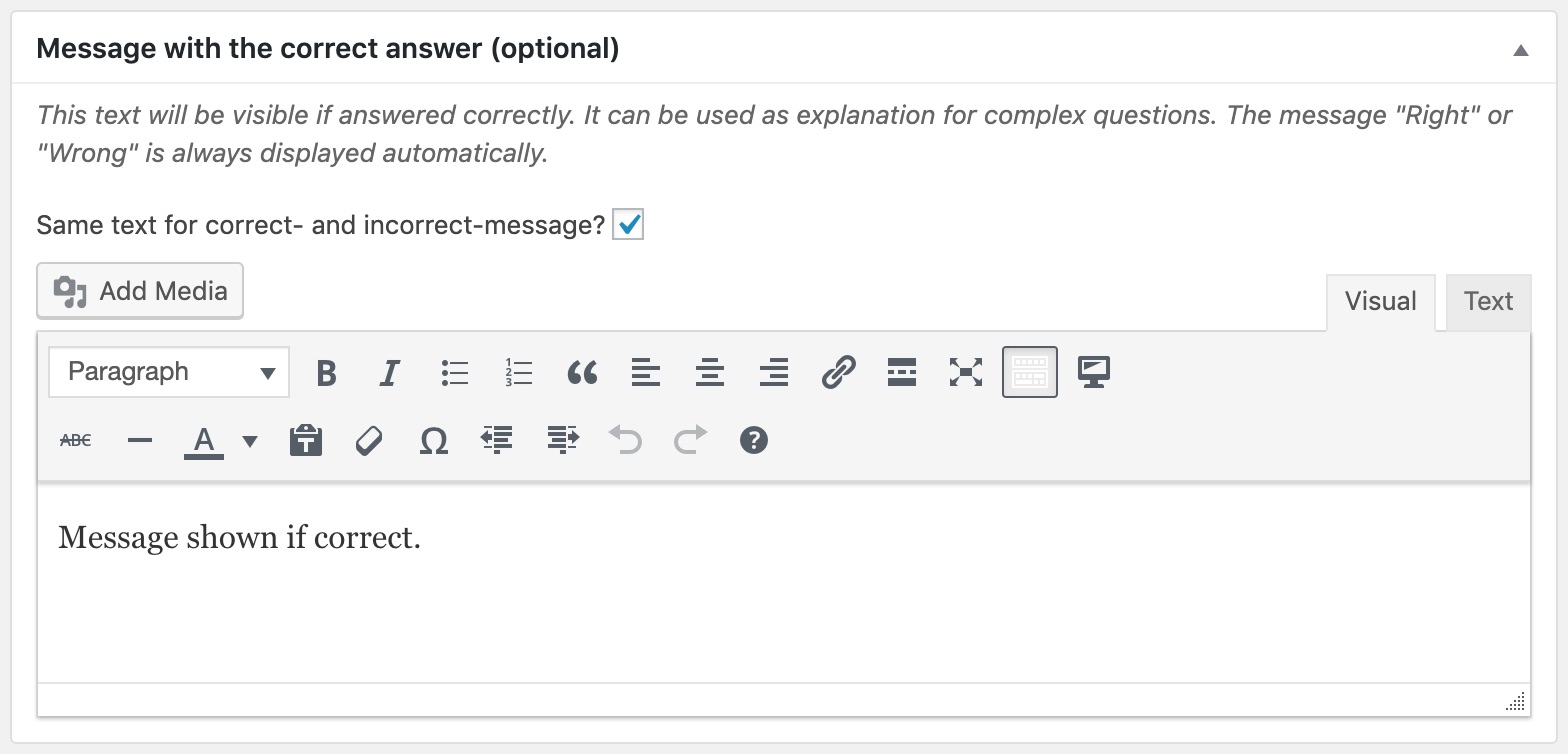 LearnDash quiz messages, set up in admin