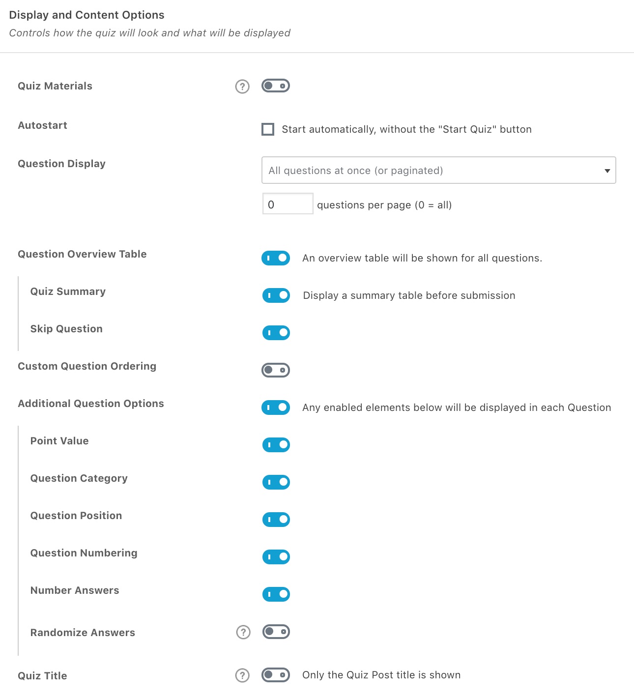 All available quiz display & content options