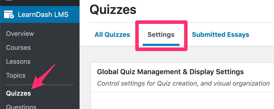 LearnDash global quiz settings tab