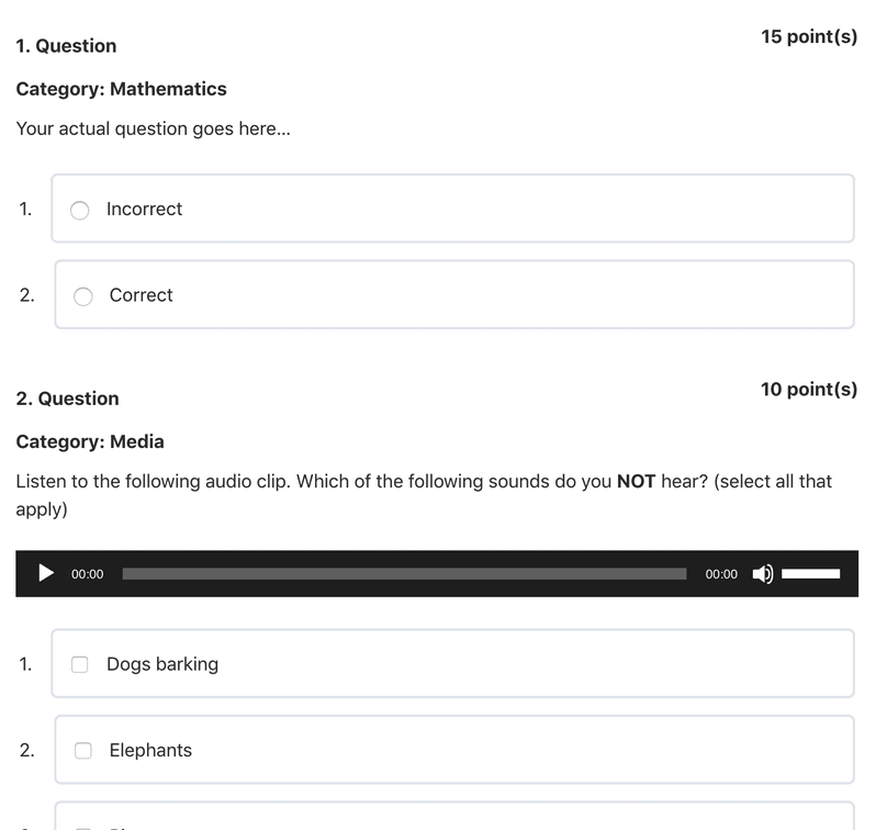 LearnDash quiz, all questions on same page example