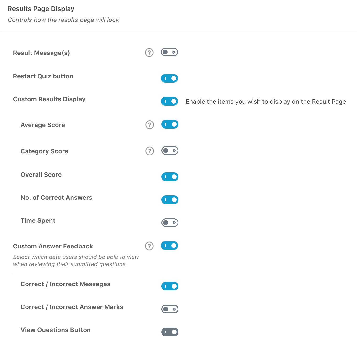 LearnDash quiz results page settings & options
