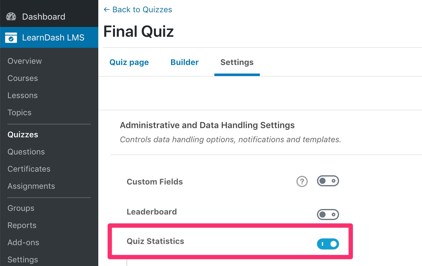 LearnDash actions menu, quiz statistics