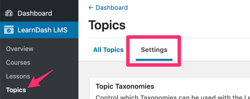 LearnDash global topic settings navigation