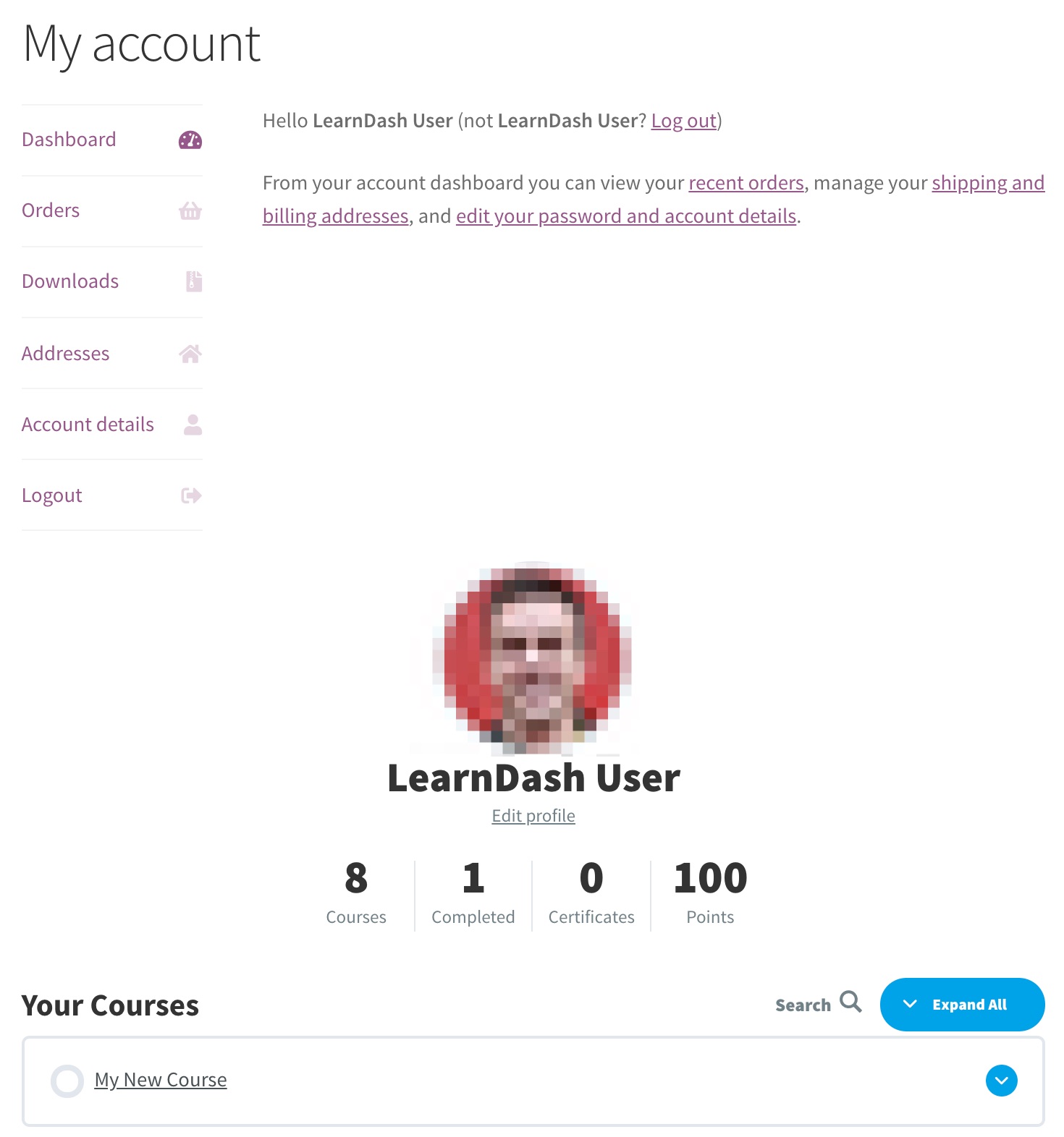 WooCommerce account page with LearnDash Profile