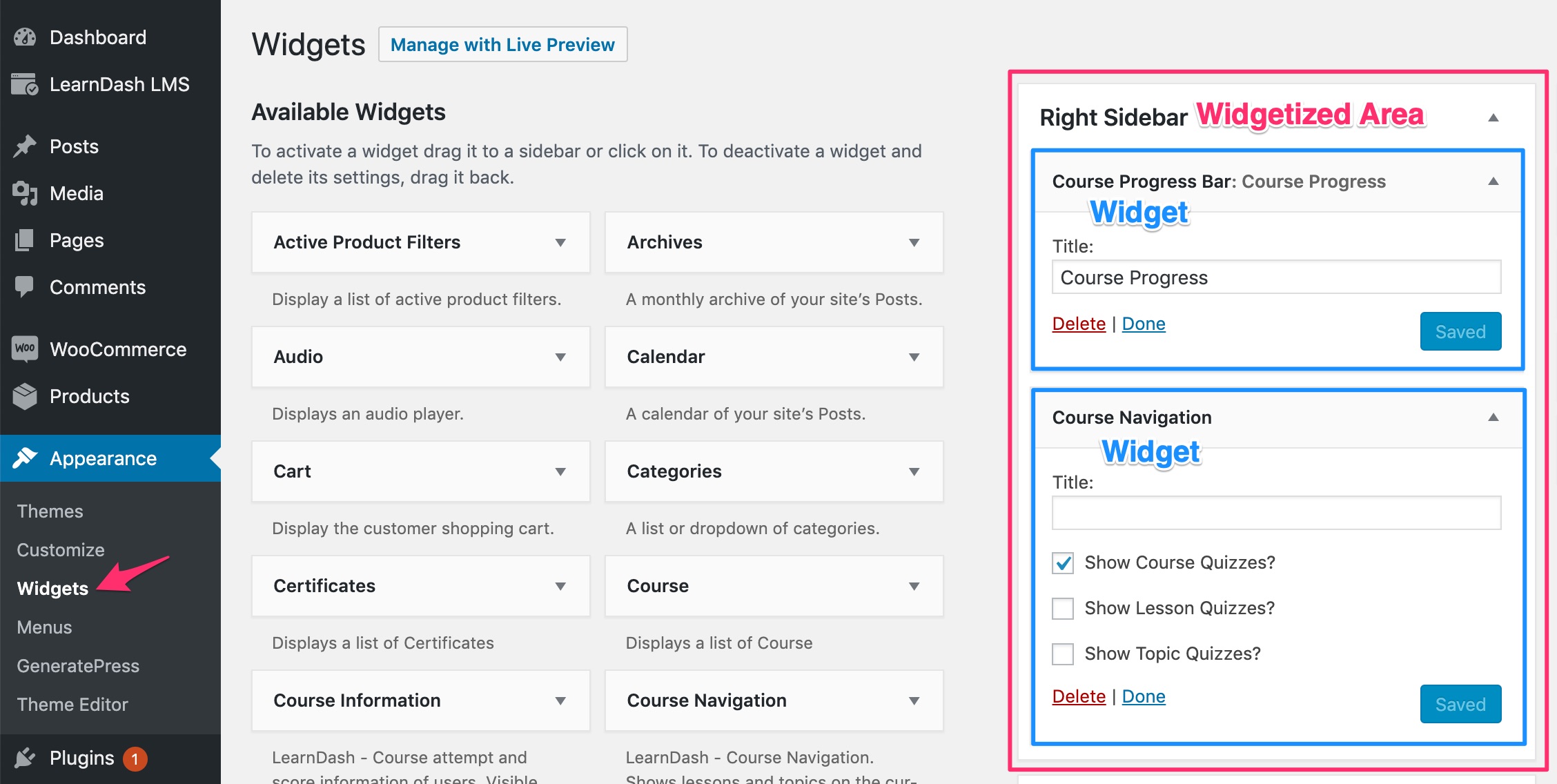 LearnDash widgets admin screen