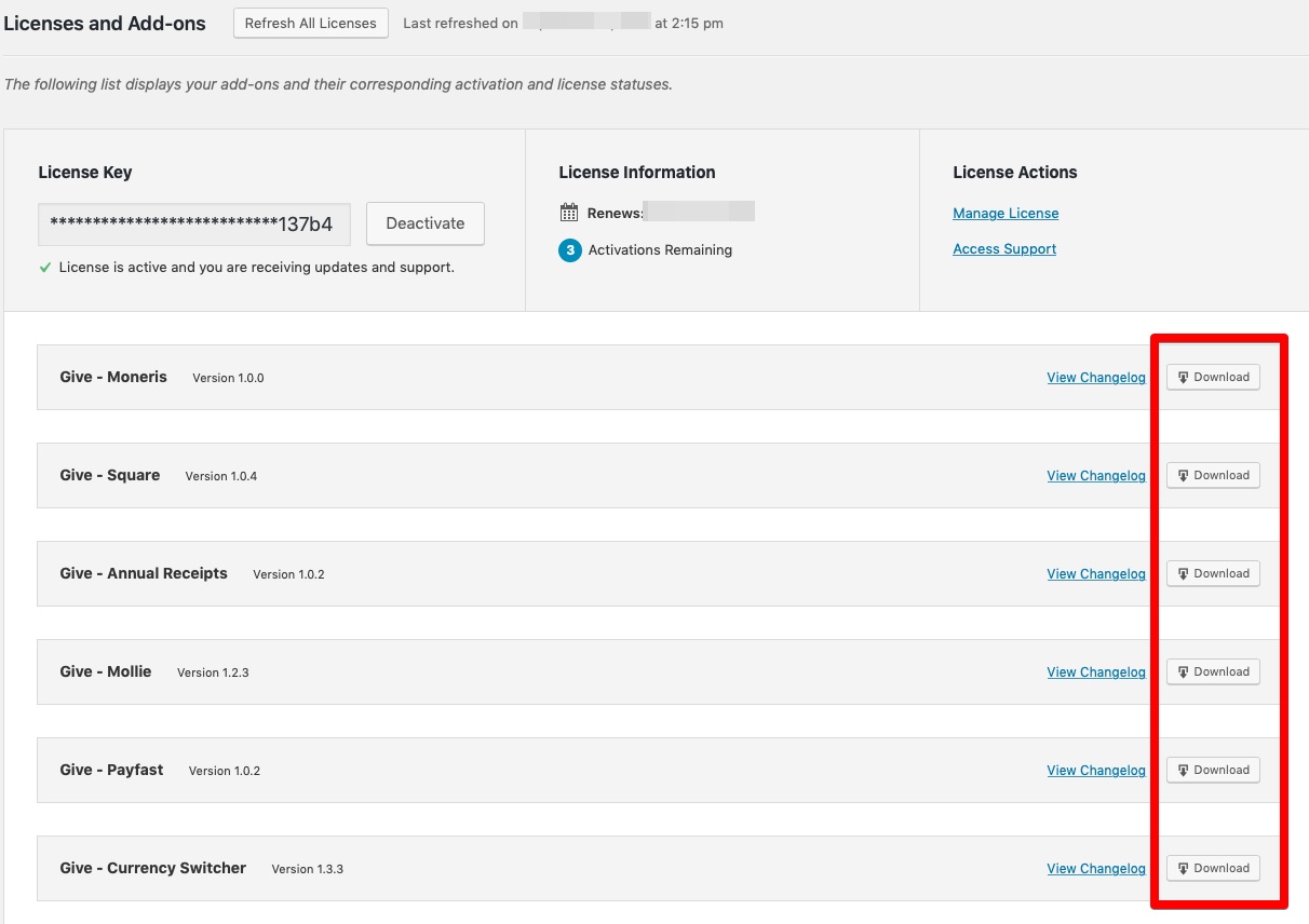 a list of downloads in a Licenses tab with a red rectangle highlighting the download buttons for each.