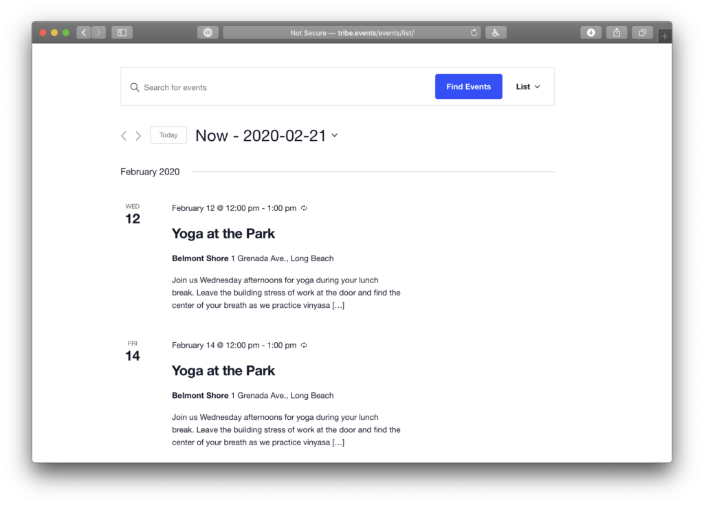 The List view calendar after the override, showing events without featured images