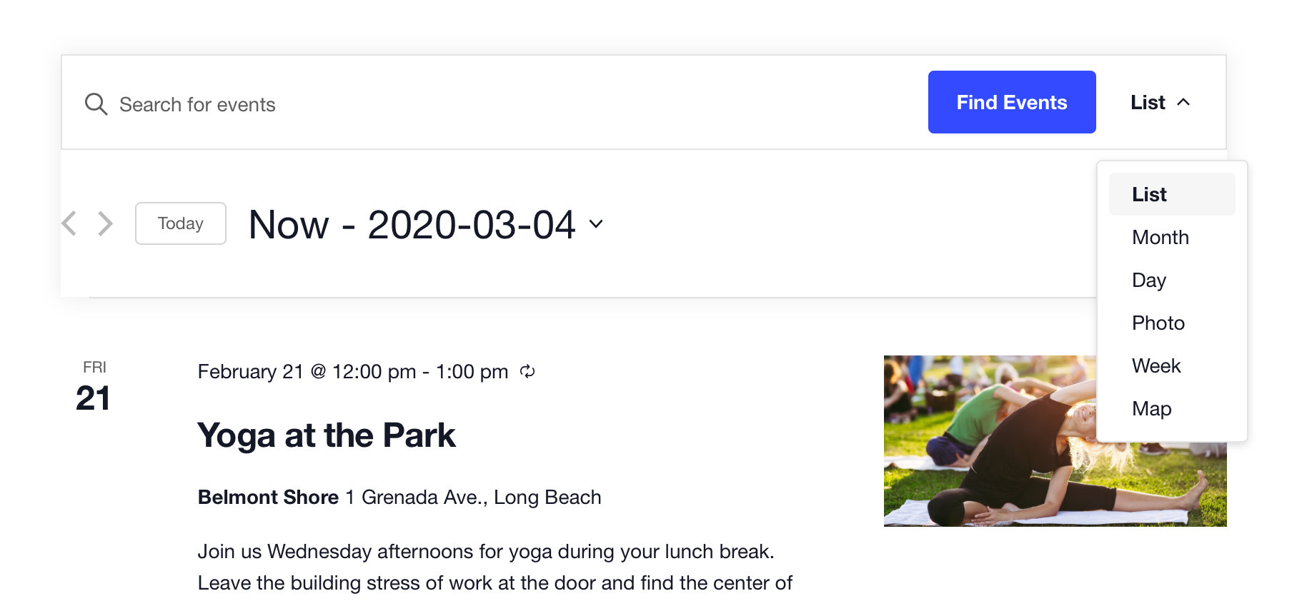 The Events Bar showing views as a dropdown