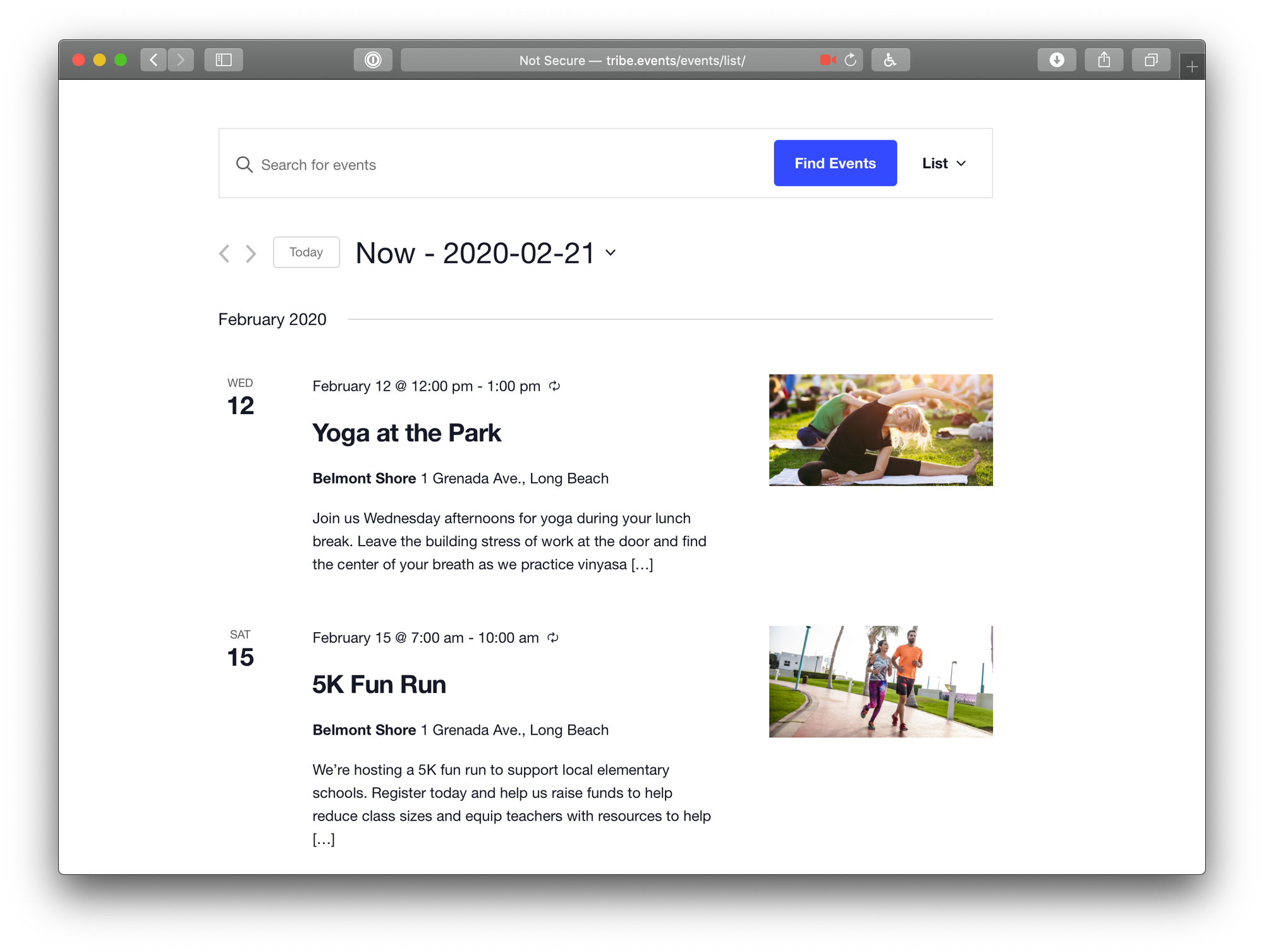 The Events Calendar in List view, showing events with featured images