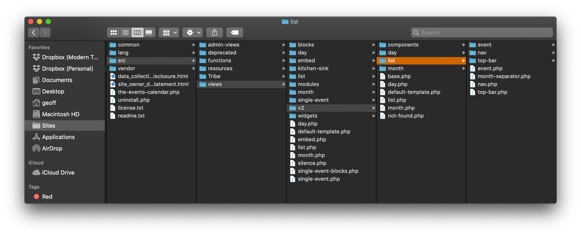 The /list directory inside the Events Calendar plugin, showing the event subfolder