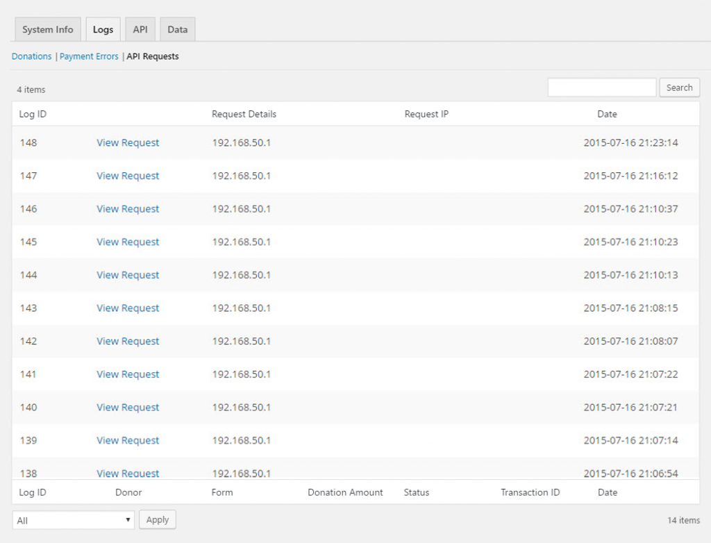 The Logs Screen showing the API log