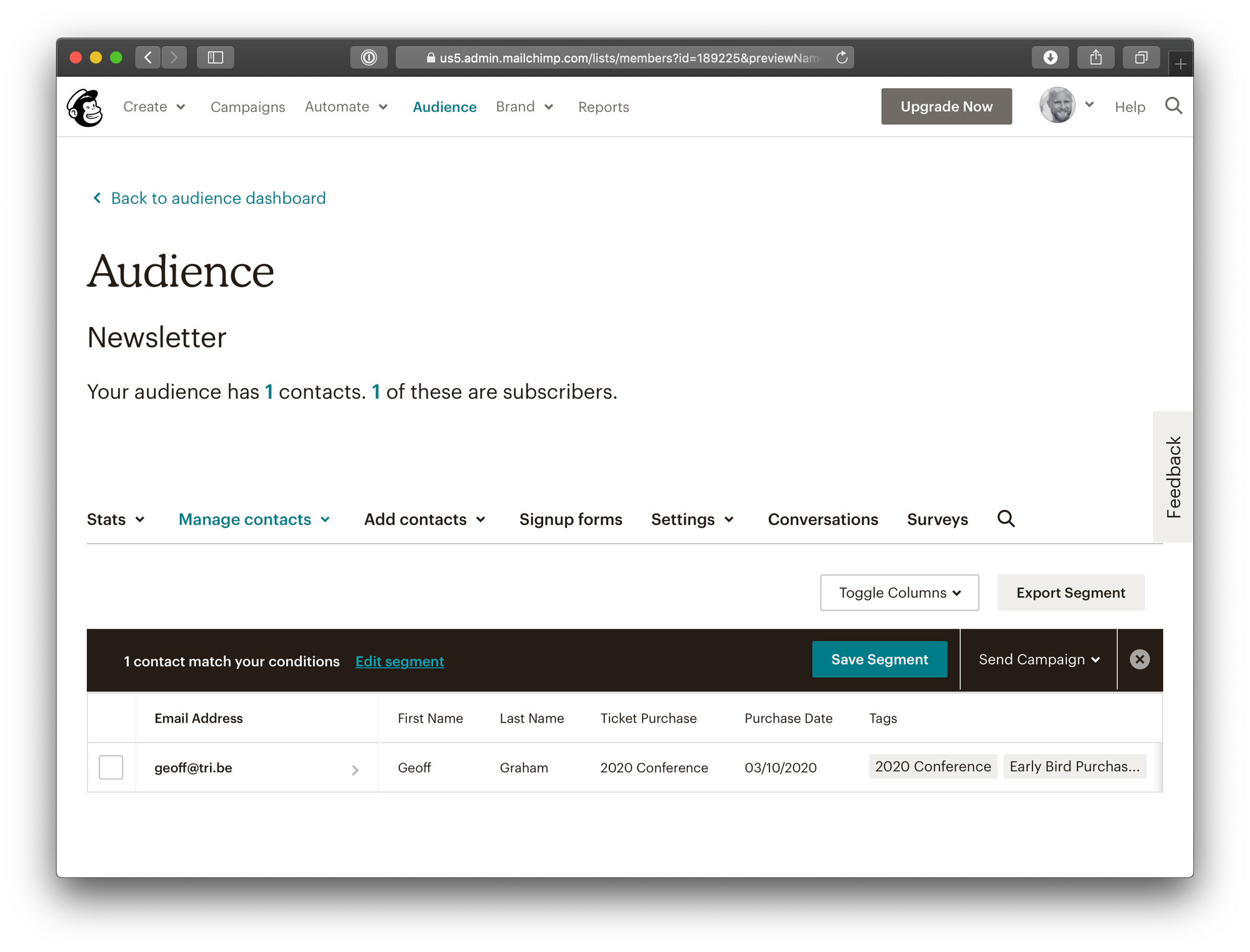 When someone purchases a ticket, they are added to WP Fusion's newsletter audience with a tag