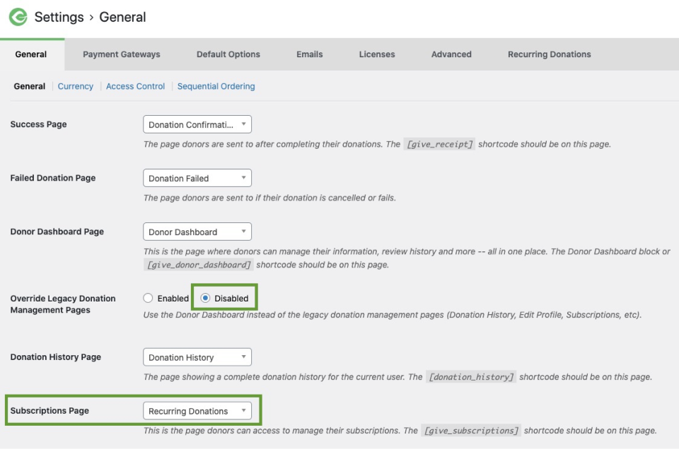 When the Recurring Donations add-on is activated, the Subscriptions Page is added as an General Settings option.