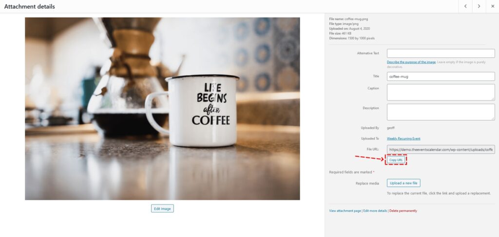 The Copy URL button in the WordPress media library