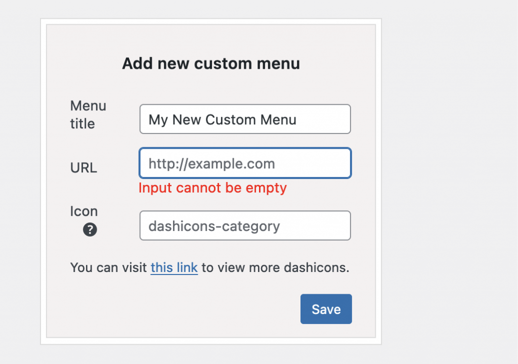 Menu URL can't be empty