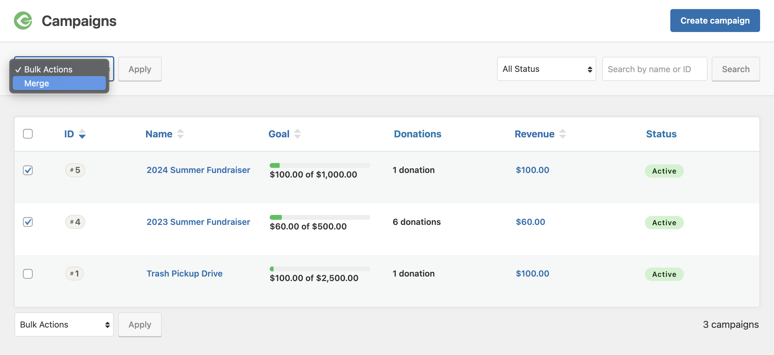 Campaigns list showing two campaigns checked that are to be merged into one from the Bulk Actions list.