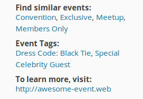 The single event meta area showing customized labels for Website, Categories, and Tags