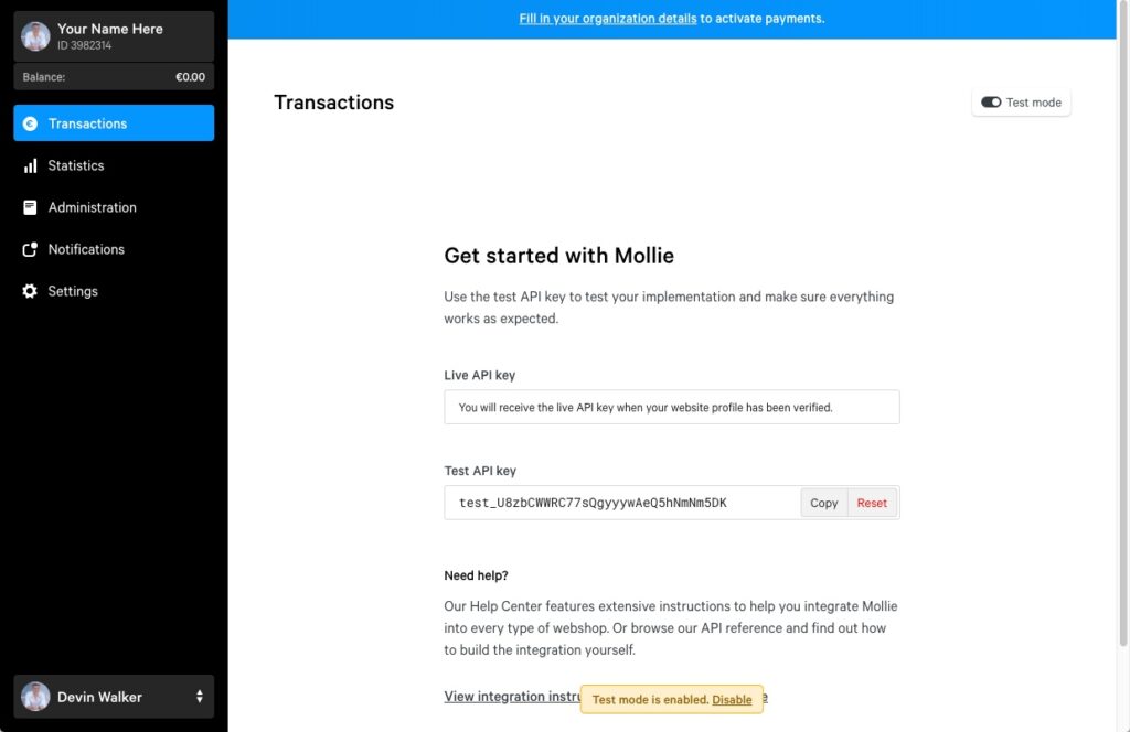 The Mollie Dashboard screen.