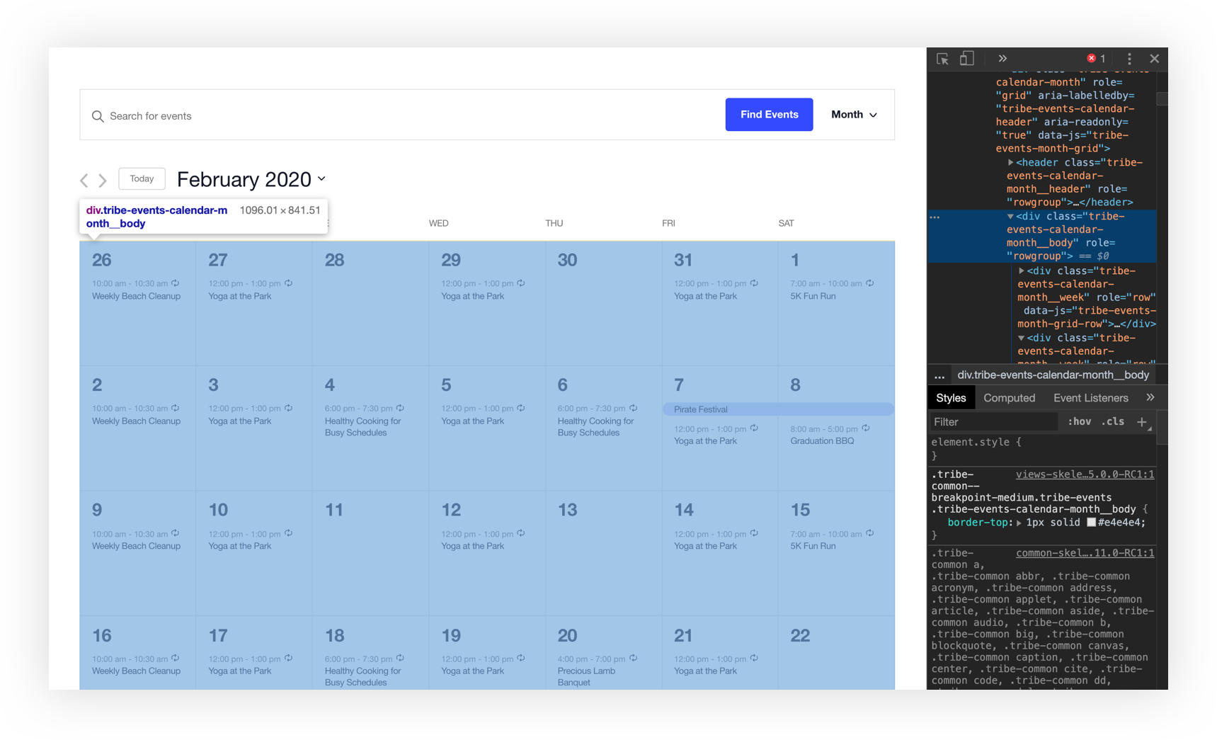 Chrome DevTools open alongside the calendar, showing the CSS class for the month view calendar body