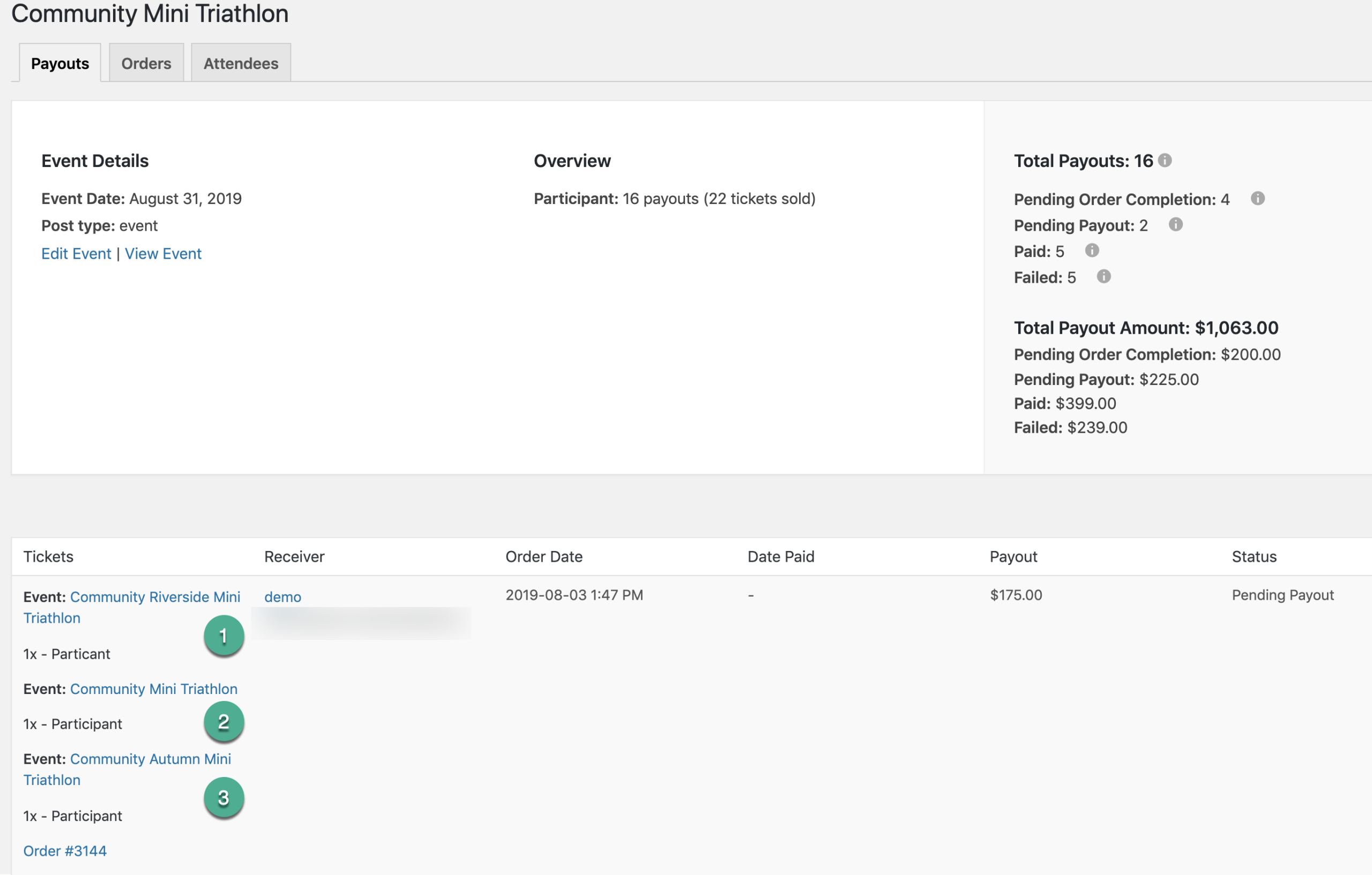 Payouts showing multiple tickets from different events with the same organizer