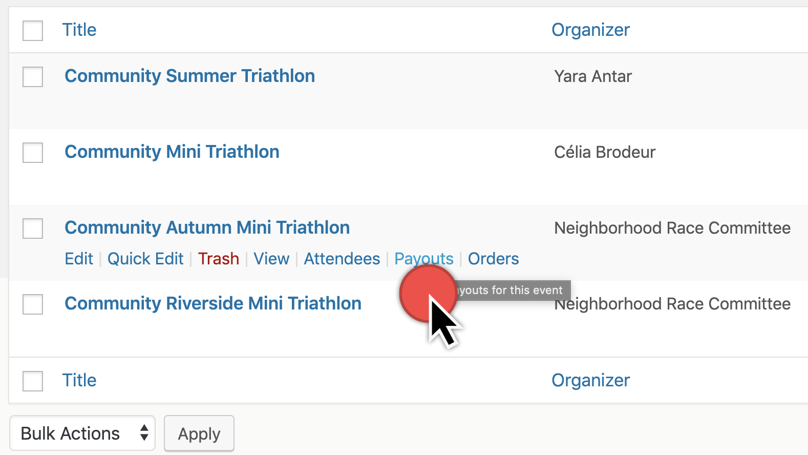The Payouts option when hovering over an event