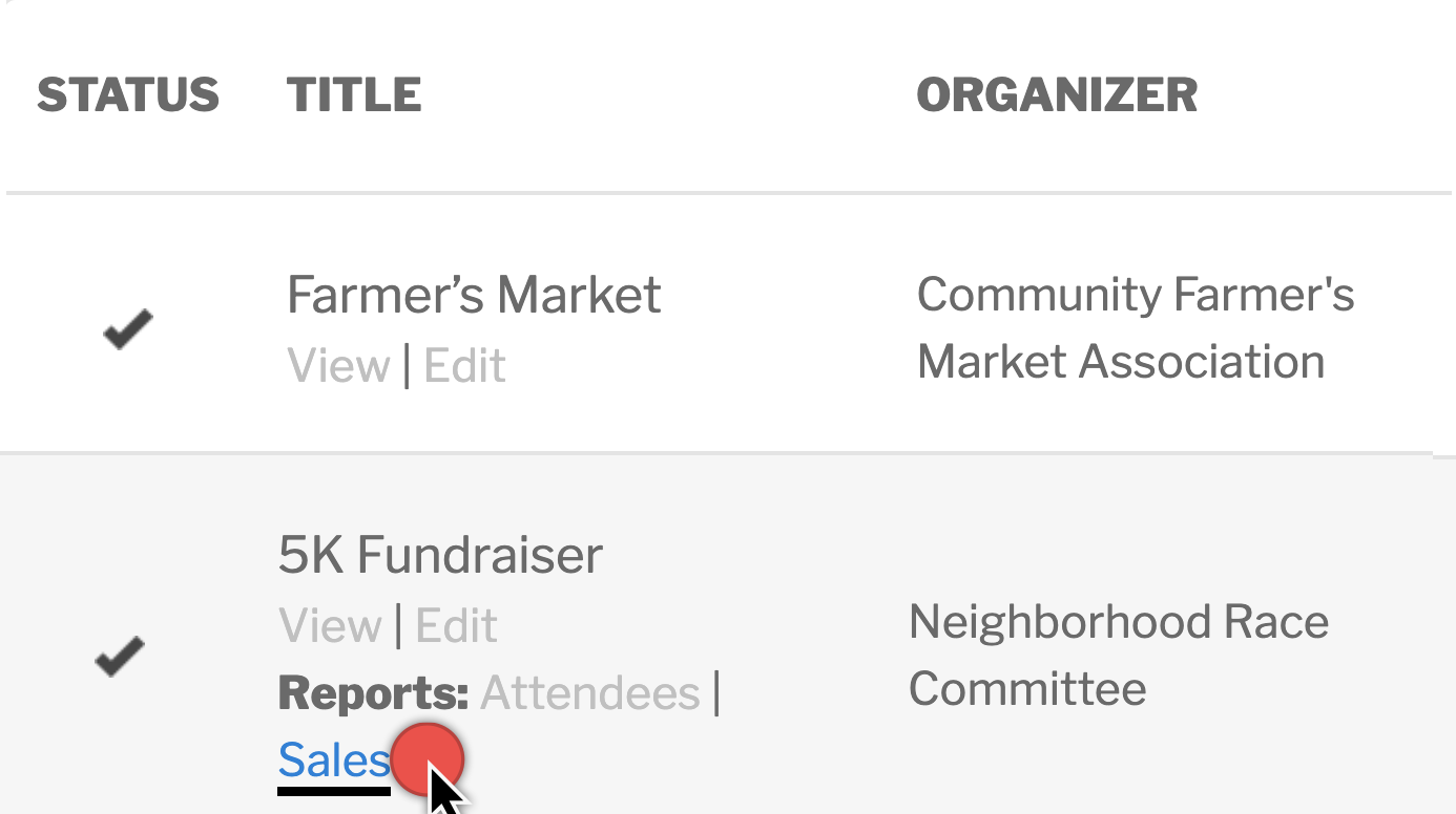 The Reports: Sales link on the organizer's My Events page