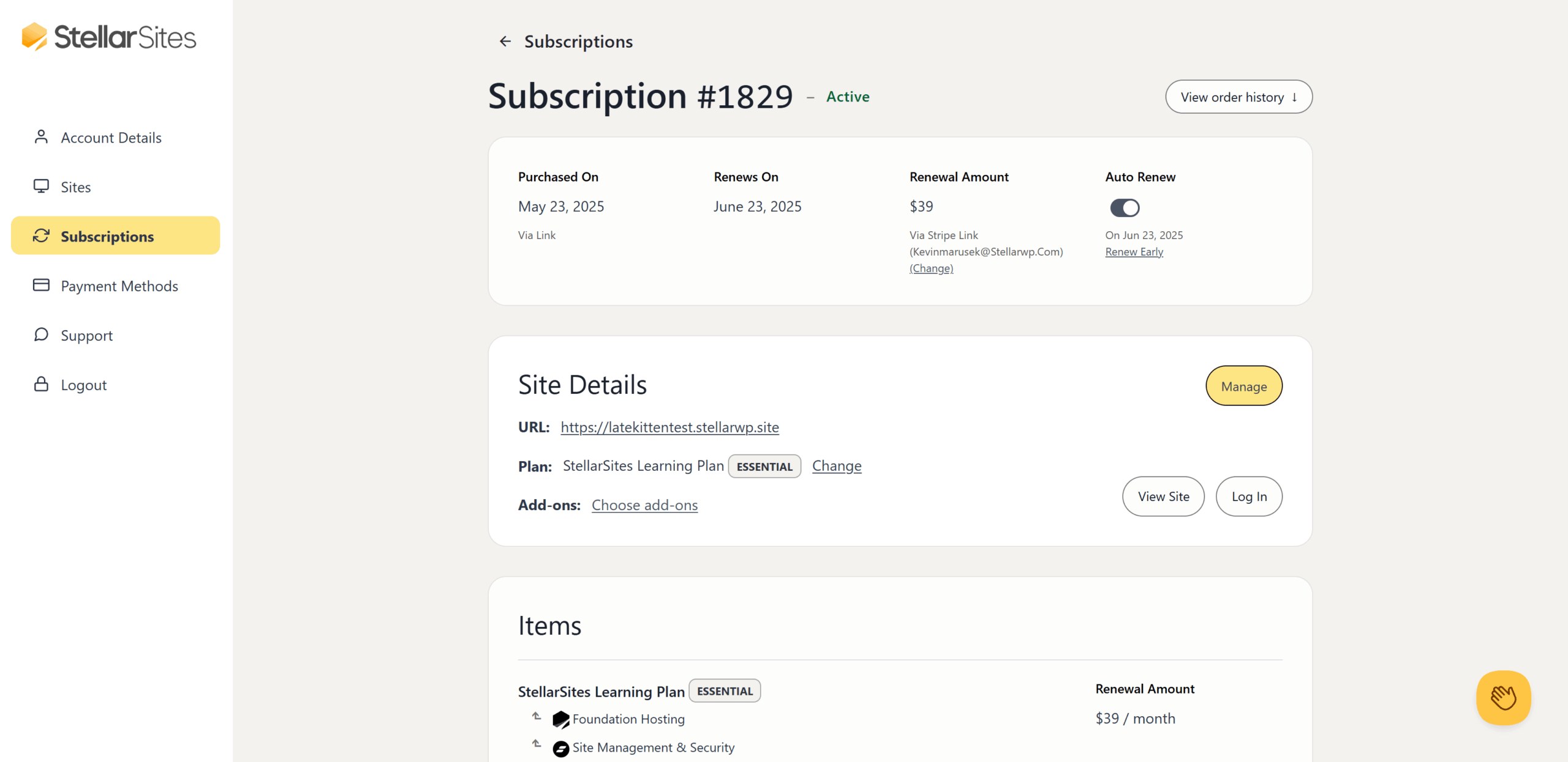 A subscription management dashboard for StellarSites, showing Subscription #1829 is active. Key information includes purchase and renewal dates in 2025, the auto-renewal status, and a  monthly fee. The site URL "latekittentest.stellarwp.site" is linked, with details about the subscription plan labeled as "Essential" and options to change the plan or manage add-ons. Navigation includes options for account details, sites, payment methods, support, and logout.