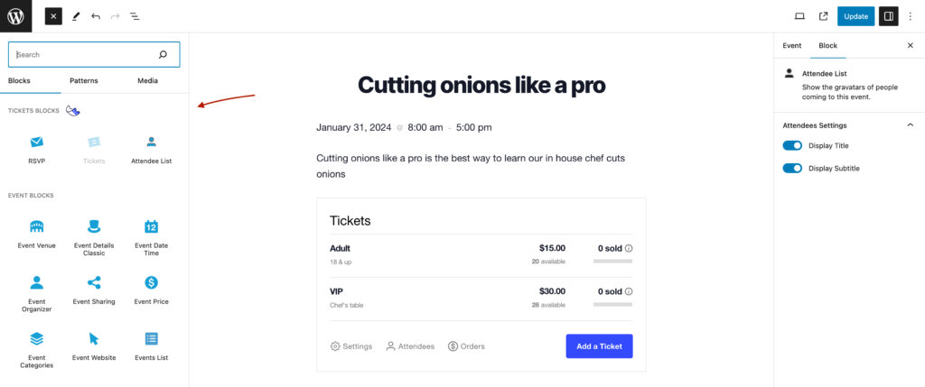 The Tickets section in the WordPress block inserter showing available ticket blocks