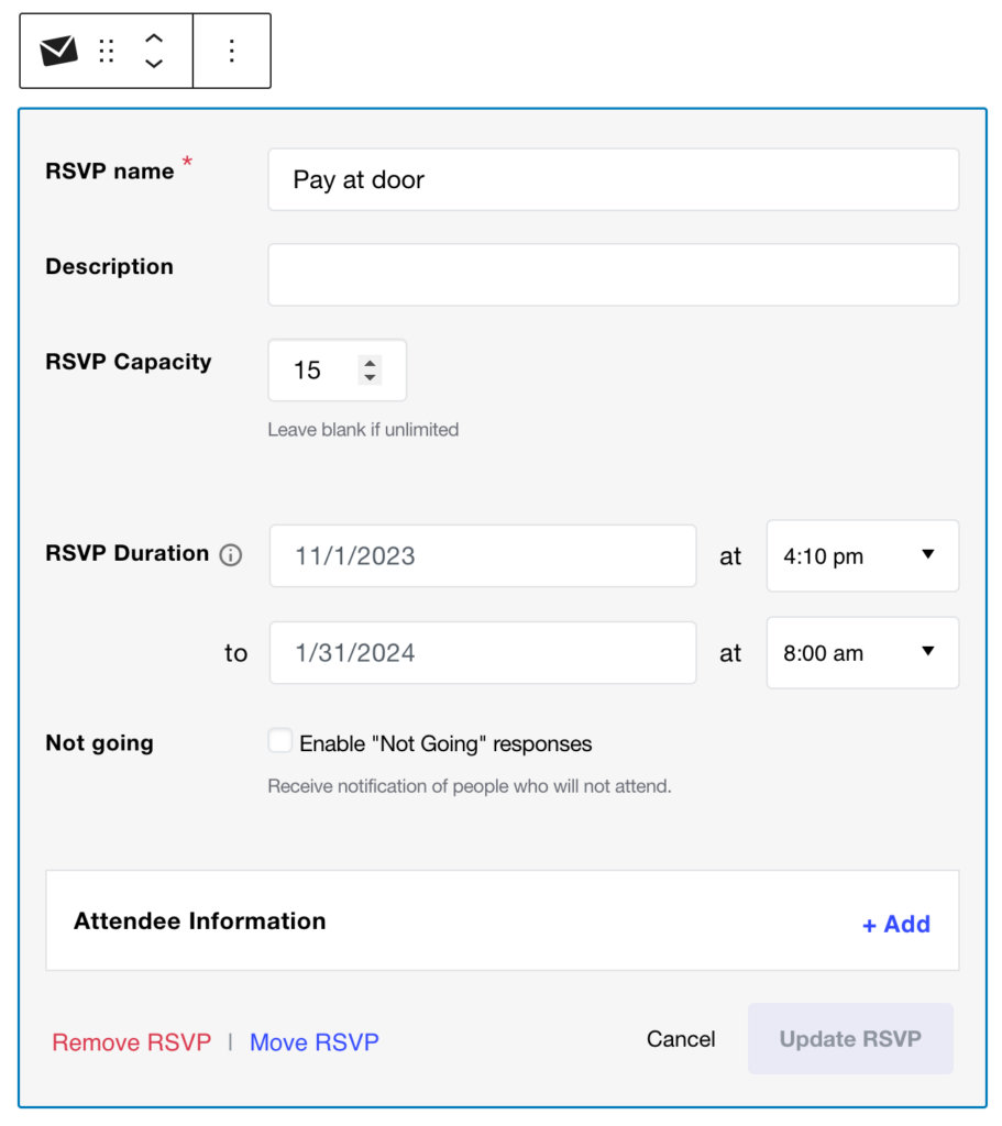The RSVP editing panel