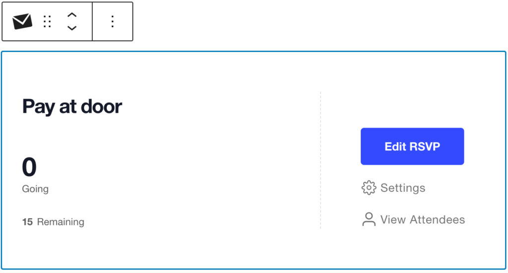 The RSVP block in the editor showing the RSVP form configuration