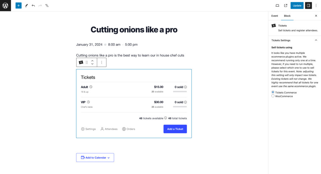 The Tickets block in the editor showing the list of tickets and a sales summary