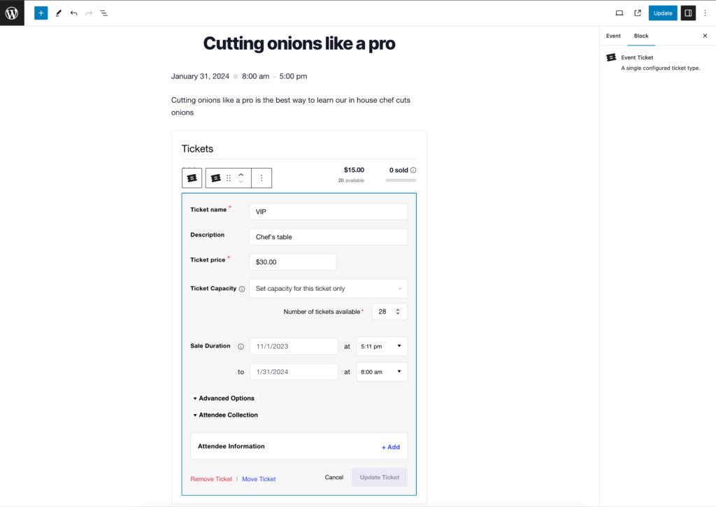 The ticket editing panel within the Tickets block