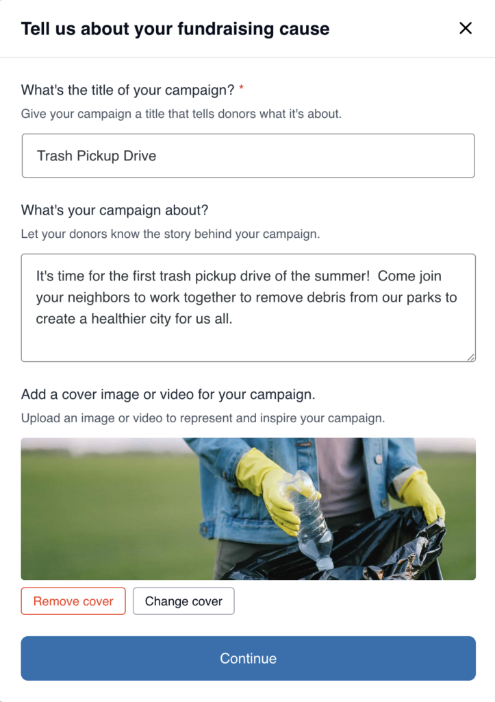 Campaign creation screen with example title, description, and cover image added