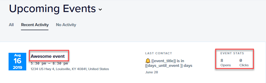 The Promoter event-level report showing total opens and clicks across all messages for an event