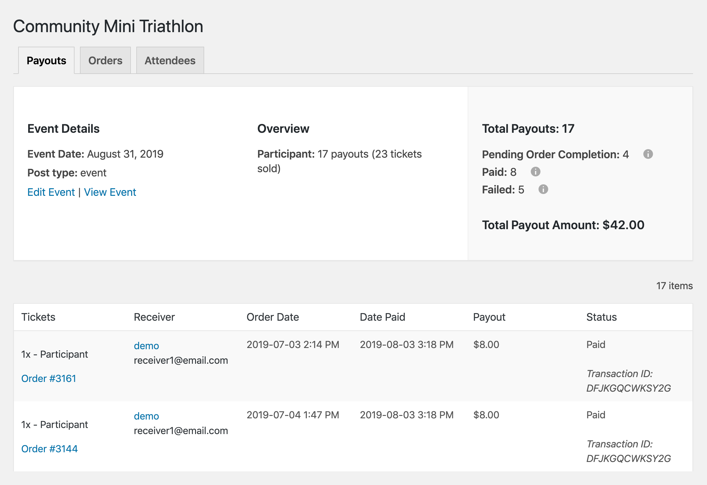 The Payouts screen