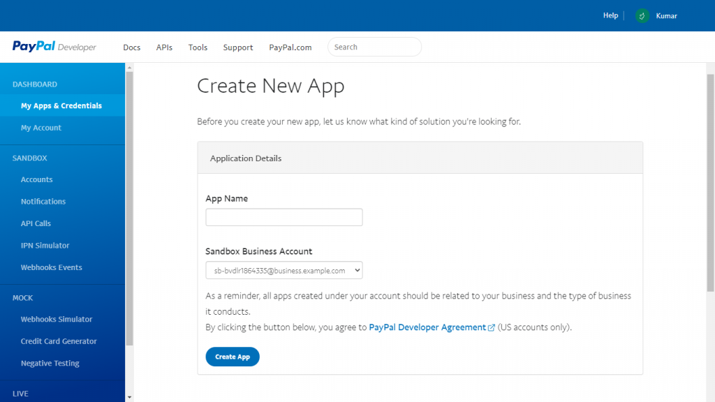 Create App PayPal