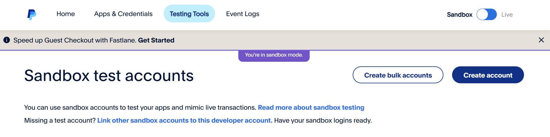 Sandbox test accounts screen
