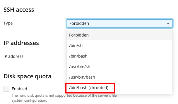 the dropdown menu in plesk where you can enable jailed shell access