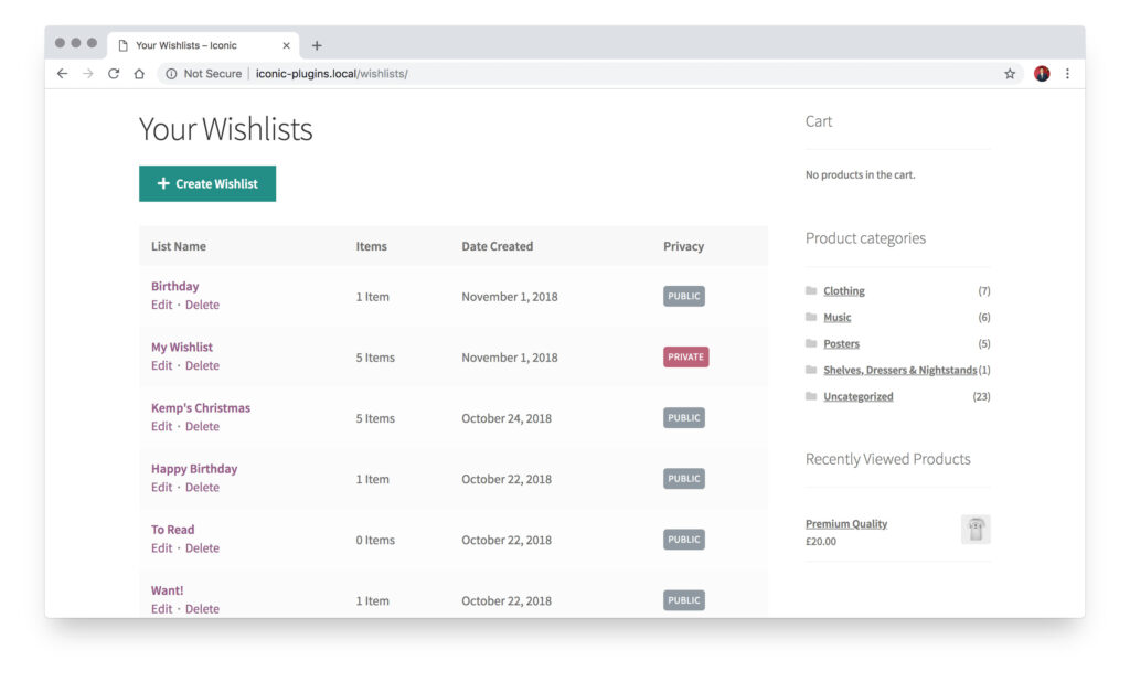 populated wishlists page