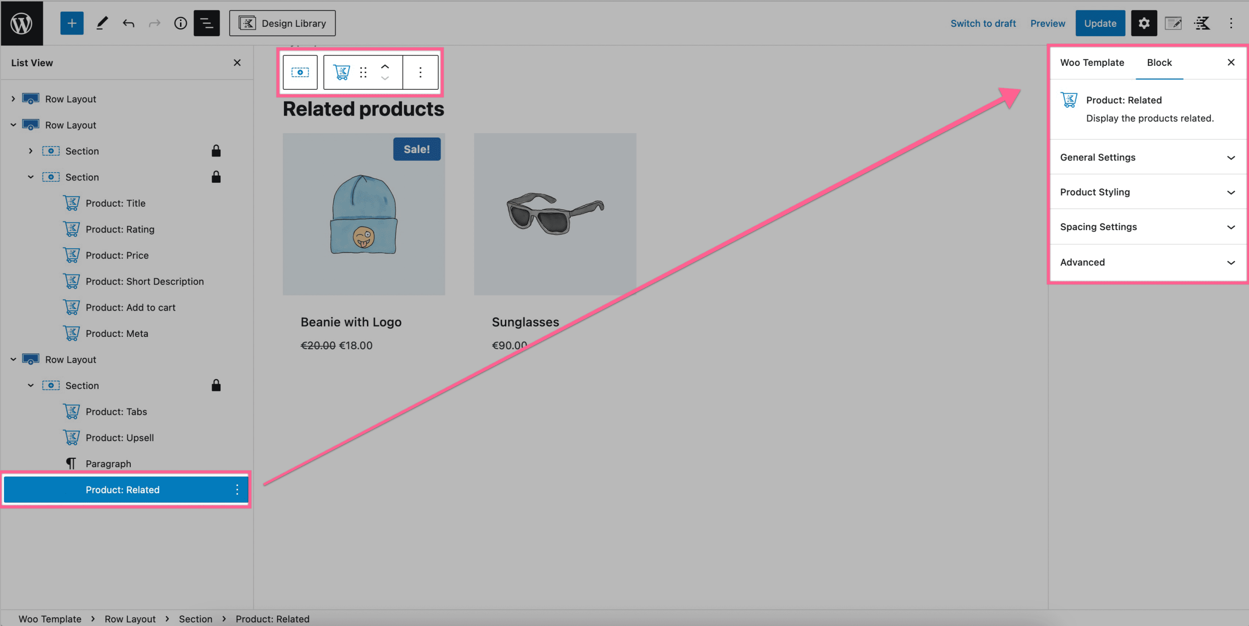 Product: Related block settings