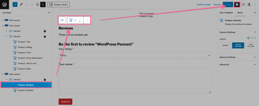 Product Reviews Block Settings