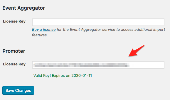 The Promoter license key field in the WordPress Events Settings Licenses tab