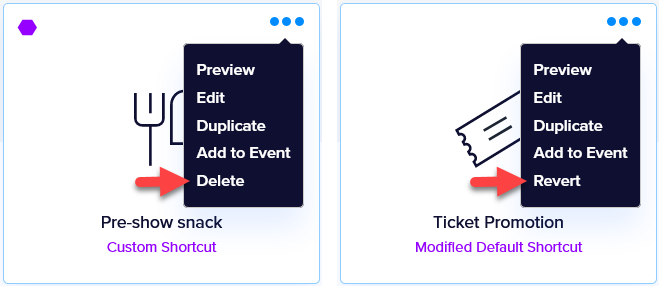 The action menu for a custom shortcut in Promoter, showing the additional Delete and Revert options