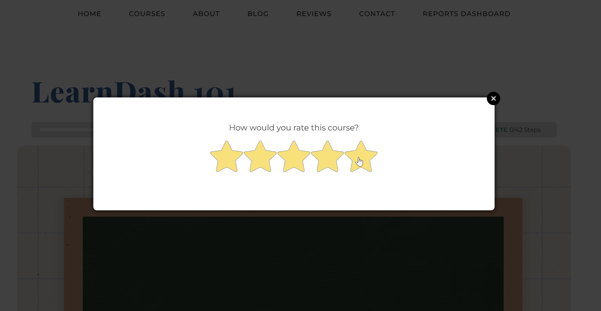 The Ratings popup on a course in the frontend. It says "How would you rate this course?" with 5 stars as hoverable options.