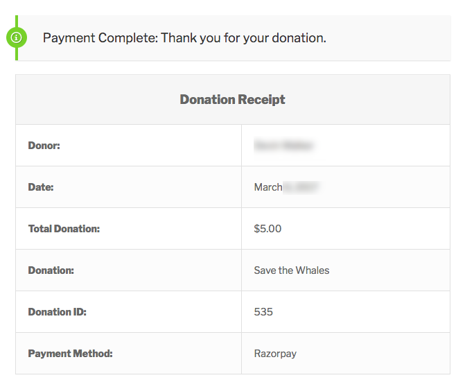 Razorpay successful donation receipt