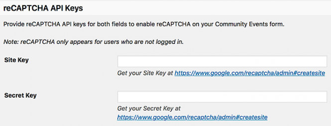 reCAPTCHA API key fields in settings