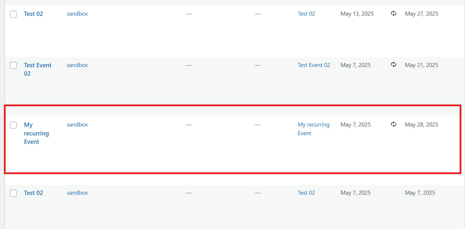 A recurring event in the All Events list showing the Series link
