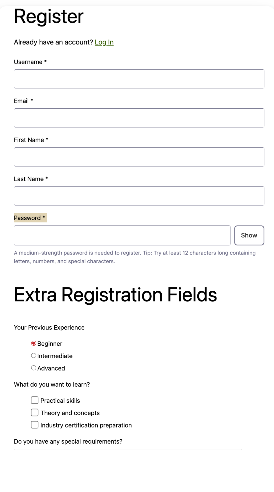 Registration Form with Custom Fields