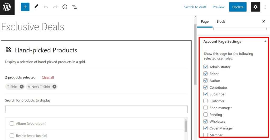 restrict page user role woocommerce