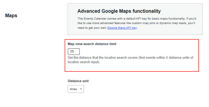 The Map view search distance limit setting in the Events Settings Display tab